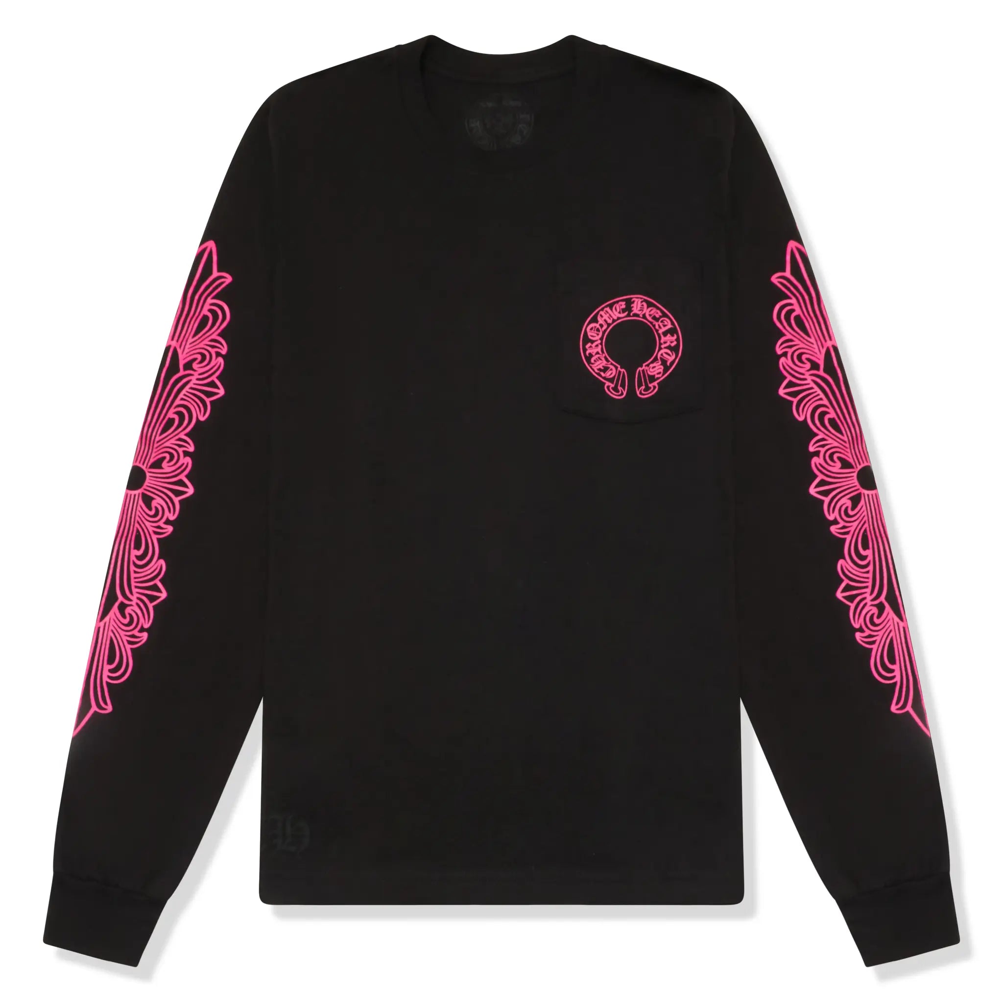 Front View of Chrome Hearts Horse Shoe Pocket Logo L/S Black Pink T Shirt